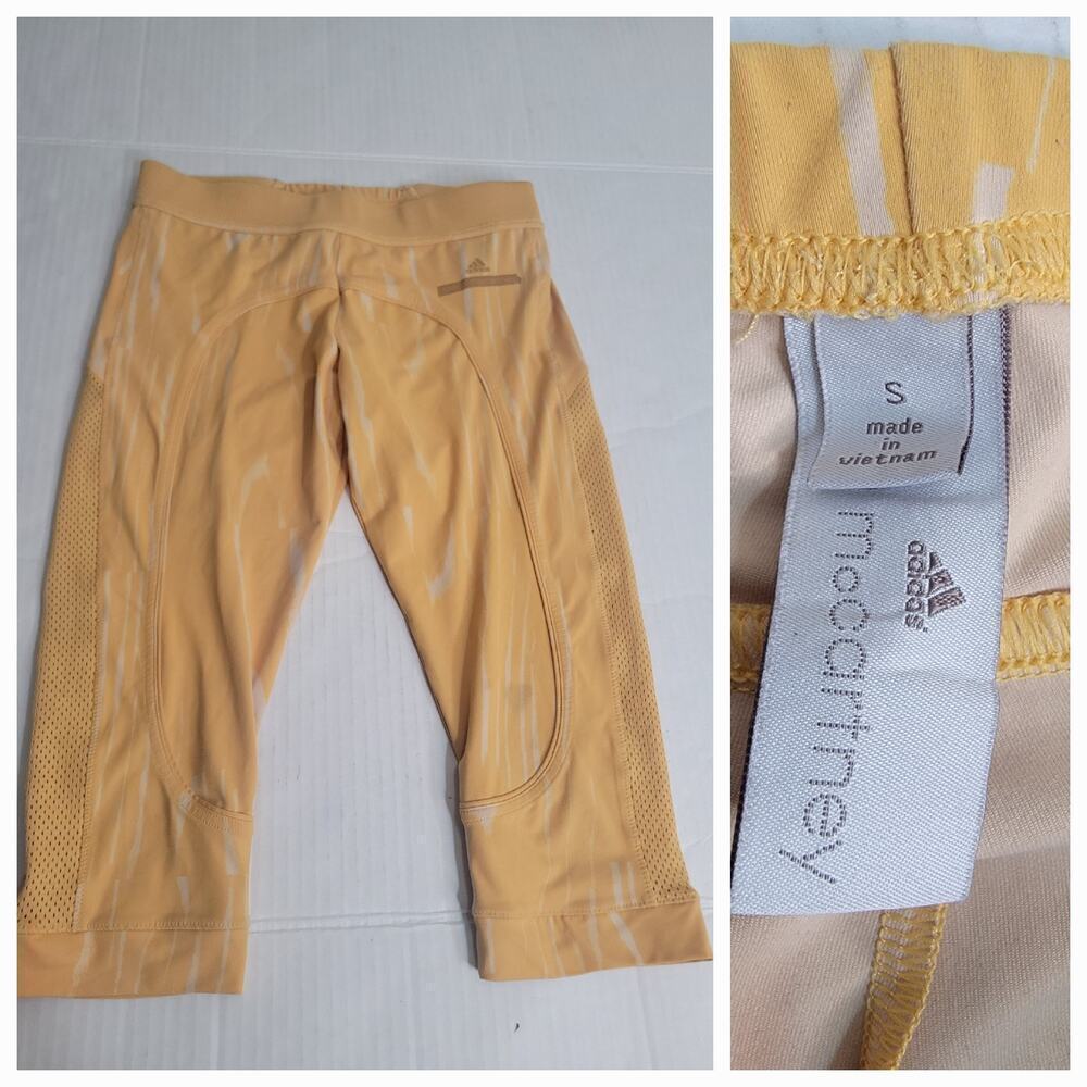 Adidas Stella McCartney Leggings Sz Small Crop Capri Logo Mesh Yellow Womens